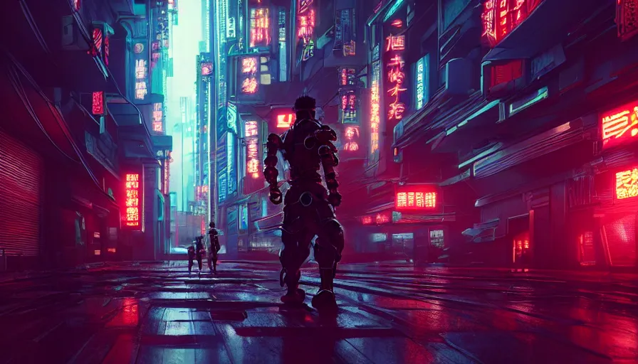 Prompt: movie still, an biomechanical samurai in night city, neon katana, cyberpunk horror style, cyberpunk, cyberpunk futuristic neo, detailed and intricate environment, octane render, unreal engine, 4 k, by greg rutkowski