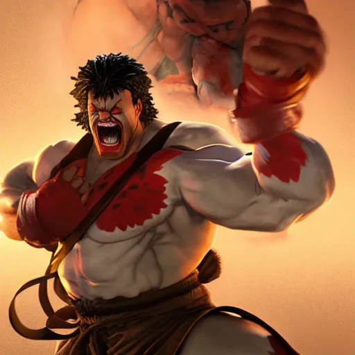 Prompt: danny mcbride as e. honda street fighter, yelling, ultra realistic, concept art, intricate details, highly detailed, photorealistic, octane render, 8 k, unreal engine, art by frank frazetta, simon bisley, brom