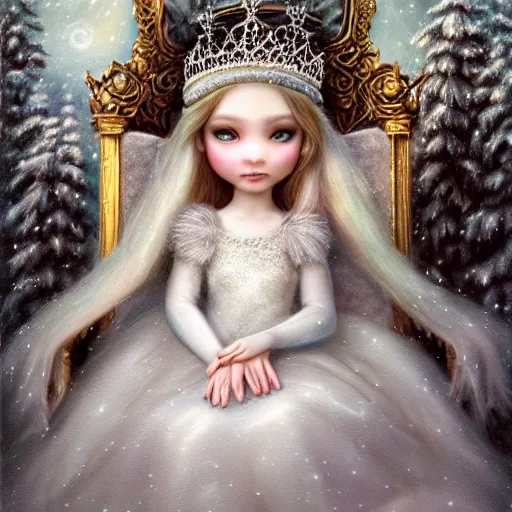 Image similar to highly detailed closeup portrait of a snow, ice princess, she is wearing a crown, she is sitting on a throne, fluffy bears are standing around, nicoletta ceccoli, mark ryden, lostfish, earl nore, global illumination, god rays, detailed and intricate environment