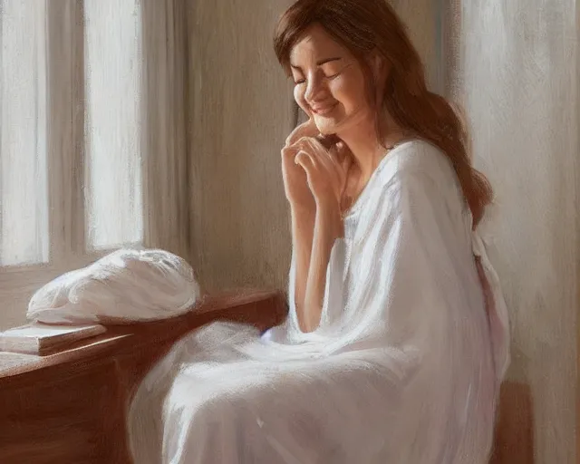 Prompt: a relaxed smiling woman in a soft night gown sitting with her eyes closed on a loose pile of soft fabrics infront of a window with the blinds drawn shut. there is a flower vase near her. by richard s. johnson, trending on deviantart