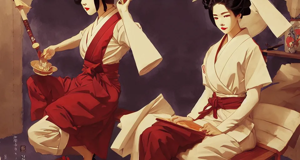 Image similar to geisha school, in the style of studio ghibli, j. c. leyendecker, greg rutkowski, artgerm