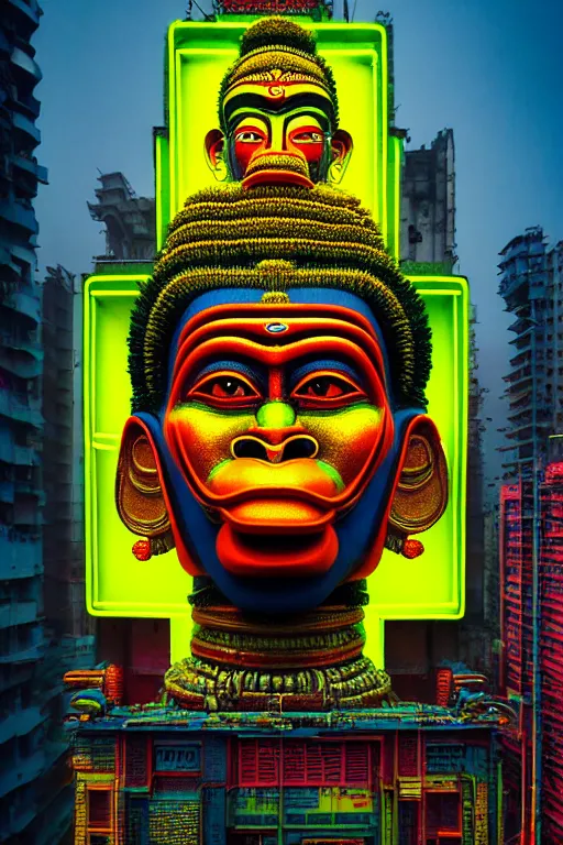 Prompt: high quality photo hyperrealistic cyberpunk hanuman head building, neon yellow madhubani, highly detailed, in sci - fi mumbai, cinematic smooth, lee madgwick & liam wong, moody light, low angle, uhd 8 k, sharp focus