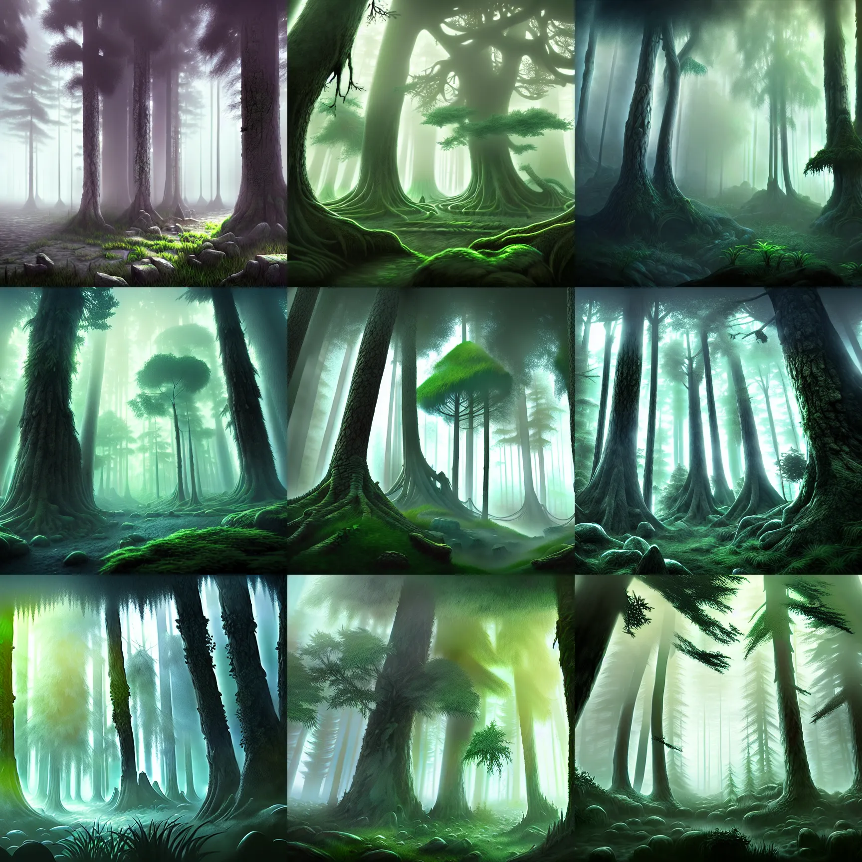 Prompt: dense ancient forest, volumetric fog, intricate, highly detailed, concept art, masterpiece, background