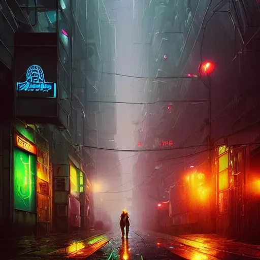Image similar to a cyberpunk street, rainy night, jellyfish running, the outline of mountains in the distance ， by darek zabrocki