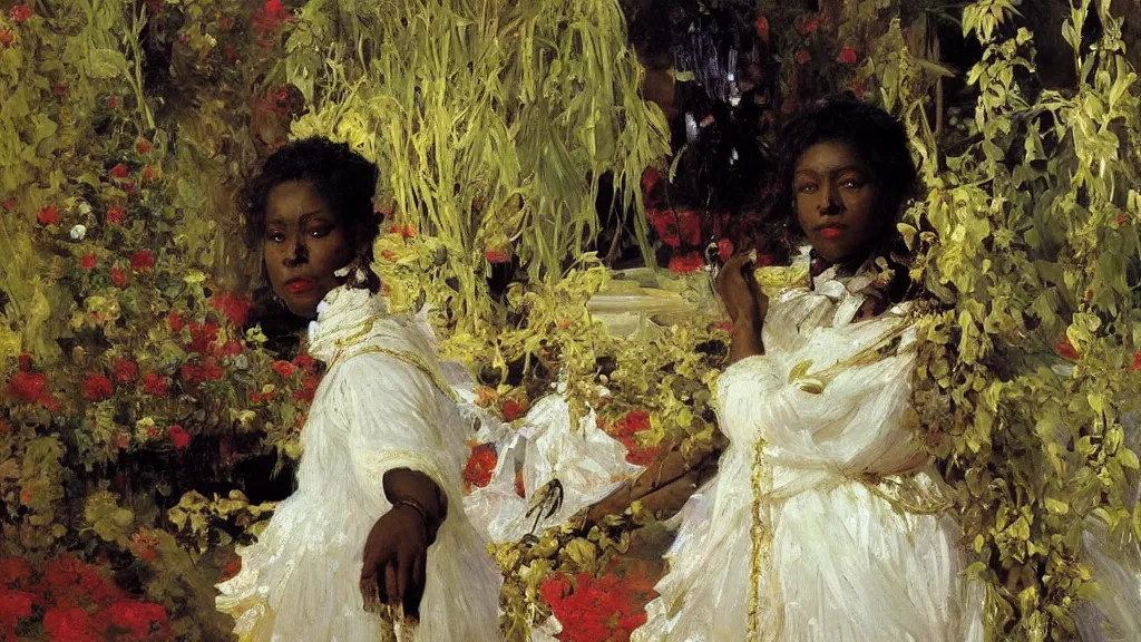 Image similar to high quality high detail painting by ilya repin, black woman in a white room with many plants, intricate costume design, orientalist, partially gold, ornate, elite, luxury, hd