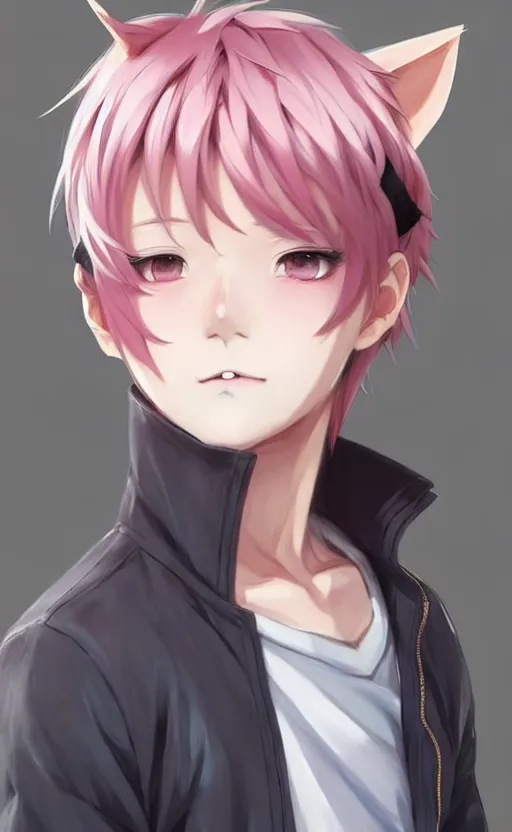 Image similar to character concept art of an cute anime boy with pink hair and wolf ears | | cute - fine - face, pretty face, key visual, realistic shaded perfect face, fine details by stanley artgerm lau, wlop, rossdraws, james jean, andrei riabovitchev, marc simonetti, and sakimichan, tranding on artstation