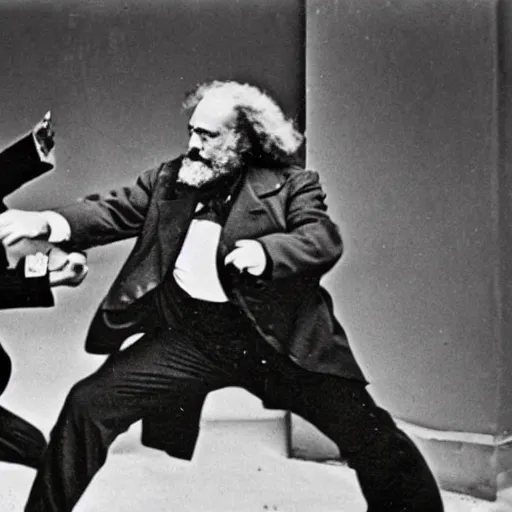 Prompt: Historical photo of Karl Marx fighting Donald Trump, high contrast black and white film photo, important historical photo