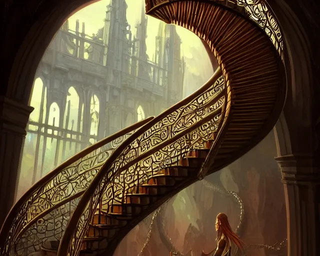 Prompt: spiral staircase leading to hope and glory, deep focus, d & d, fantasy, intricate, elegant, highly detailed, digital painting, artstation, concept art, matte, sharp focus, illustration, hearthstone, art by artgerm and greg rutkowski and alphonse mucha