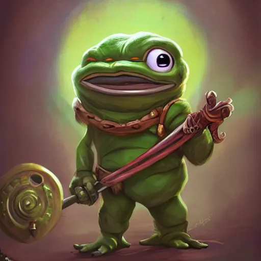 Prompt: cute little anthropomorphic pepe frog, wielding a magic staff, tiny, small, short, wizard robe, cute and adorable, pretty, beautiful, dnd character art portrait, matte fantasy painting, deviantart artstation, by jason felix by steve argyle by tyler jacobson by peter mohrbacher, cinema