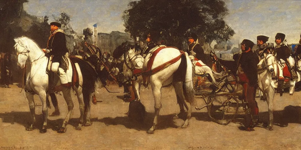 Prompt: oil painting of hegel in the streets of jena greeting napoleon on horseback as incarnation of the world spirit, realist painting, gustave courbet, jules bastien - lepage, incredible detail, natural light
