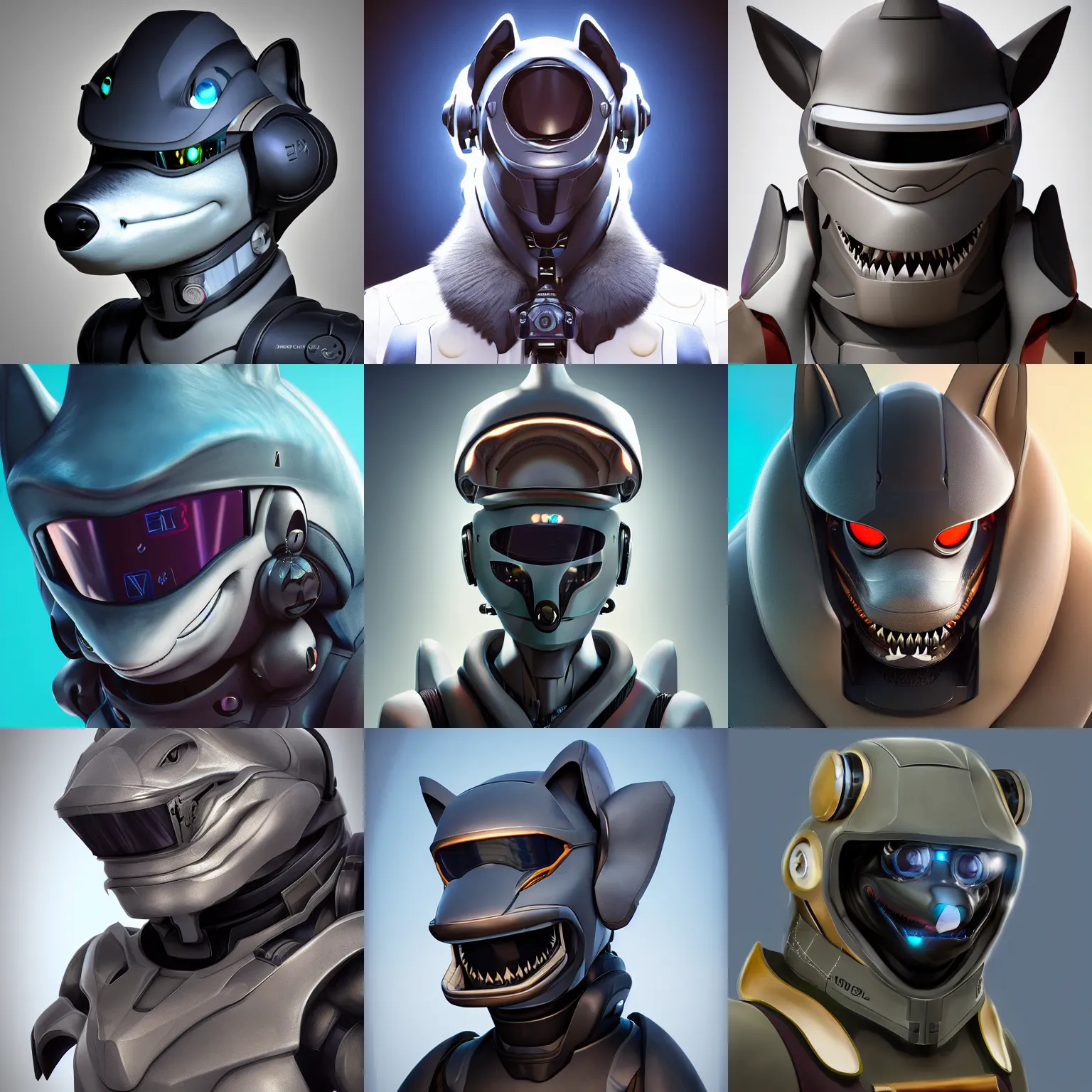 Prompt: very very beautiful furry art, bust profile picture of a male robotic anthro shark, large dark visor covering face, snout under visor, commission on furaffinity, cgsociety, octane render, disney