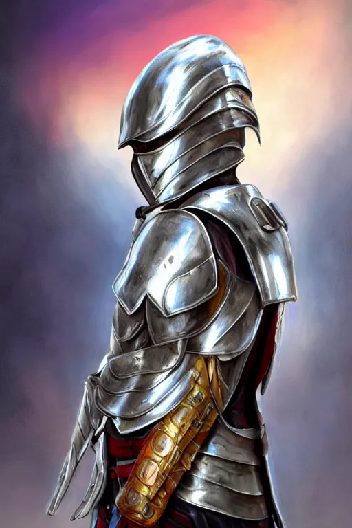 Image similar to a male teenager wearing a silver plate armor, short black hair, artgem style, fancy lighting, complementary colours, face portrait, harmonious, soft colors, digital painting, masterpiece, realistic and detailed face, color painting, realistic, highly detailed, high quality, portait picture, anatomically correct, pixar and disney style, anime style