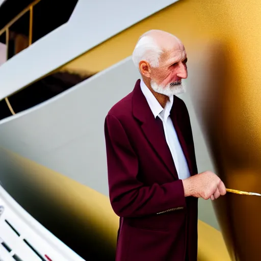 Image similar to wrinkled hunchbacked old man in musty burgundy suit, polishing painting the side of a huge gold plated mega yacht with a cloth, maintenance photo