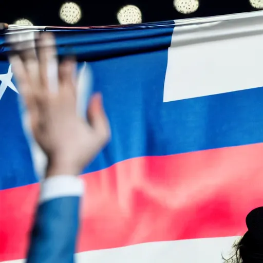 Image similar to Lady Gaga as president, Argentina presidential rally, Argentine flags behind, bokeh, giving a speech, detailed face, Argentina