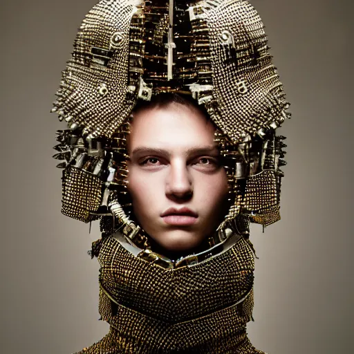 Image similar to a portrait of a beautiful young male wearing an alexander mcqueen armor made of circuits, photographed by andrew thomas huang, artistic