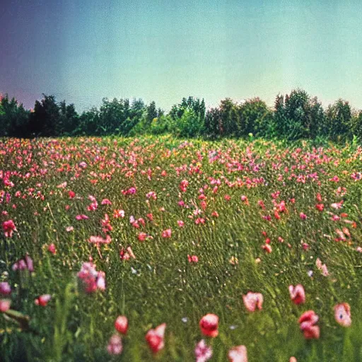 Image similar to 1 9 8 0 s movie ultra wide scene of a cult in a field of flowers, a scene from midsommar, old damage vhs, crt, bright lighting, 1 0 mm film, hyperrealistic, beautiful lighting