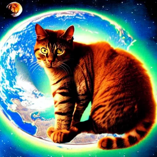 Image similar to giant cat in space about to eat the earth