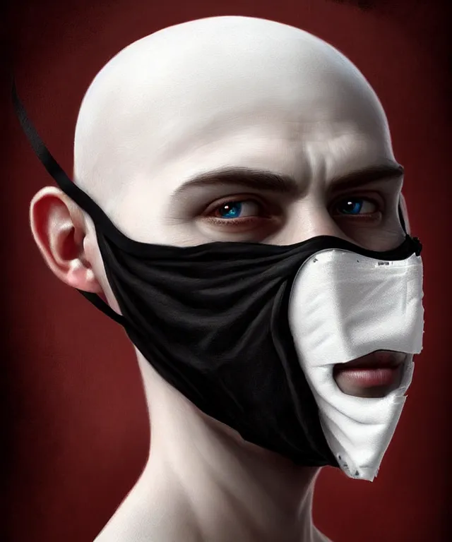 Image similar to white young man with black fabric mask, highly detailed face!!!, true anatomy!, extremely detailed!, digital painting, unreal engine 5, art by tom bagshaw