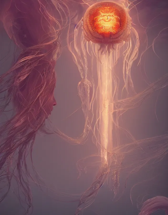 Image similar to goddess portrait. jellyfish phoenix head. intricate artwork by Tooth Wu and wlop and beeple. octane render, trending on artstation, greg rutkowski very coherent symmetrical artwork. cinematic, hyper realism, high detail, octane render, 8k