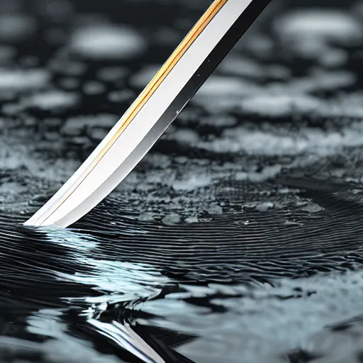 Image similar to Katana with its water Blade entirety out of flowing water reflecting all light, Raytracing, white background with shadows, 40nm lens, full katana in vision,