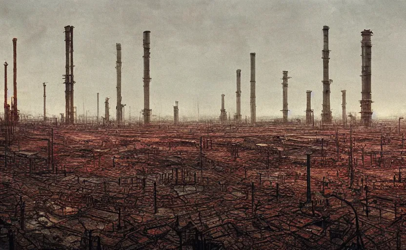 Prompt: industrial devastation abandoned factories oil field post - apocalyptic dusk wasteland irradiated contaminated, beksinski, saturated