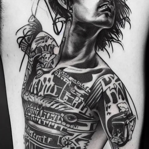 Image similar to harry Quinn with tattoos, noir, black and white, highly detailed