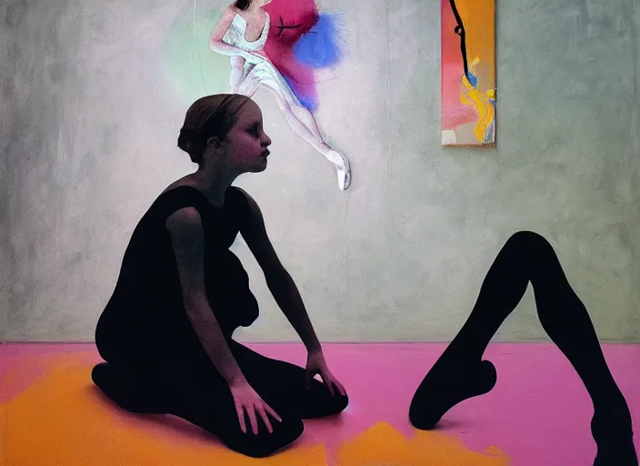 Image similar to portrait of nervous young girl ballerina sitting on the floor focusing in a dance hall by beeple and hernan bas and francis bacon and pat steir and hilma af klint, psychological, photorealistic, symmetrical face, dripping paint, washy brush, matte painting, rendered in octane, altermodern, masterpiece