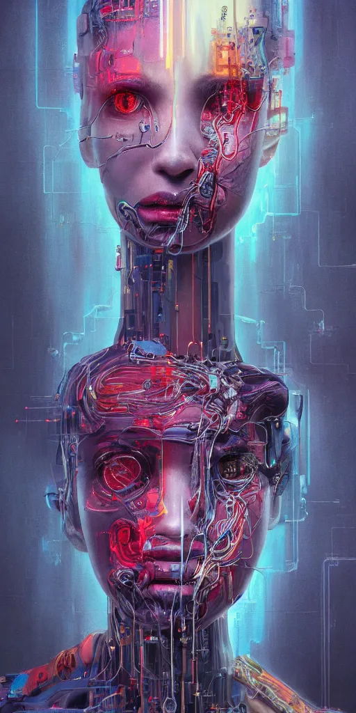 Image similar to portrait of computer & circuits, melting, ghost, 8 k, by tristan eaton, stanley artgermm, tom bagshaw, greg rutkowski, carne griffiths, ayami kojima, beksinski, giger, trending on deviantart, face enhance, hyper detailed, minimalist, cybernetic, android, blade runner, full of colour, super detailed