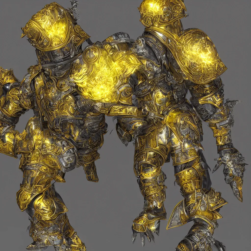 Image similar to https://s.mj.run/d7gwTu6lj3Y a powerfull knight in full plate armor, glowing yellow ornamentation, in a castle, the notion of power, 8K, trending on artstation, Rendered in Cinema4D, 8K 3D, CGSociety, ZBrush, insanely detailed and intricate, hypermaximalist, elegant, ornate, luxury, elite, hyper realistic, super detailed, Flickr, filmic, unreal engine, CryEngine :: style of james gurney, greg rutkowski