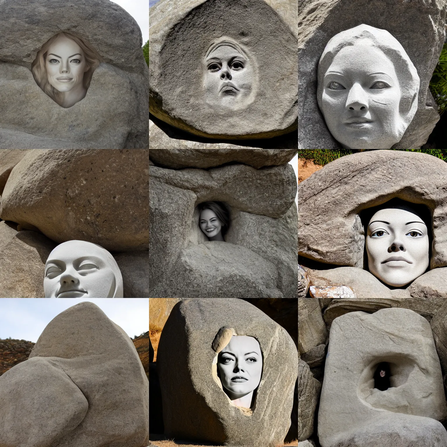 Prompt: big rock solid stone with the emerging face of emma stone buried inside the big stone solid rock