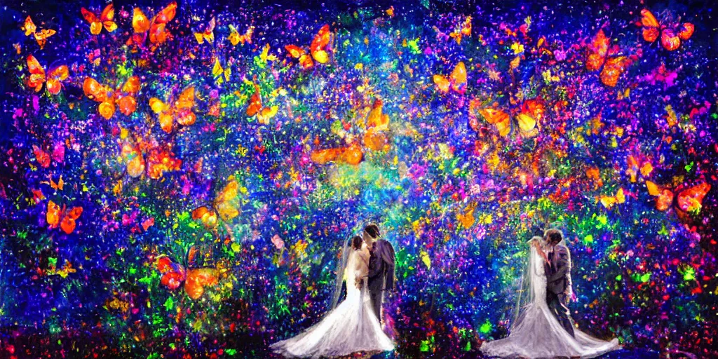 Prompt: impressionist digital art with luminous colors, 1 0 0 feet in the distance at a picnic party a sudden explosion of butterflies surrounds a bride and groom, epic, dramatic lighting, fantasy, emotional.