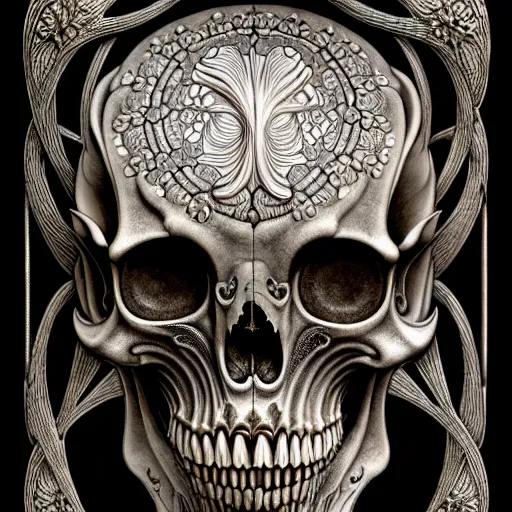 Image similar to art forms of nature by ernst haeckel, memento mori by arthur rackham, ornate antique porcelain beautiful skull mask, ultrasharp, photorealistic, hyperdetailed, octane render, polished, art nouveau, neo - gothic, gothic, intricate ornamental organic filigree, art nouveau botanicals, art forms of nature by ernst haeckel, horizontal symmetry, symbolist, visionary