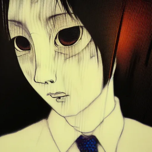 Image similar to yoshitaka amano blurred and dreamy realistic three quarter angle portrait of a young woman with short hair and black eyes wearing office suit with tie, junji ito abstract patterns in the background, satoshi kon anime, noisy film grain effect, highly detailed, renaissance oil painting, weird portrait angle, blurred lost edges