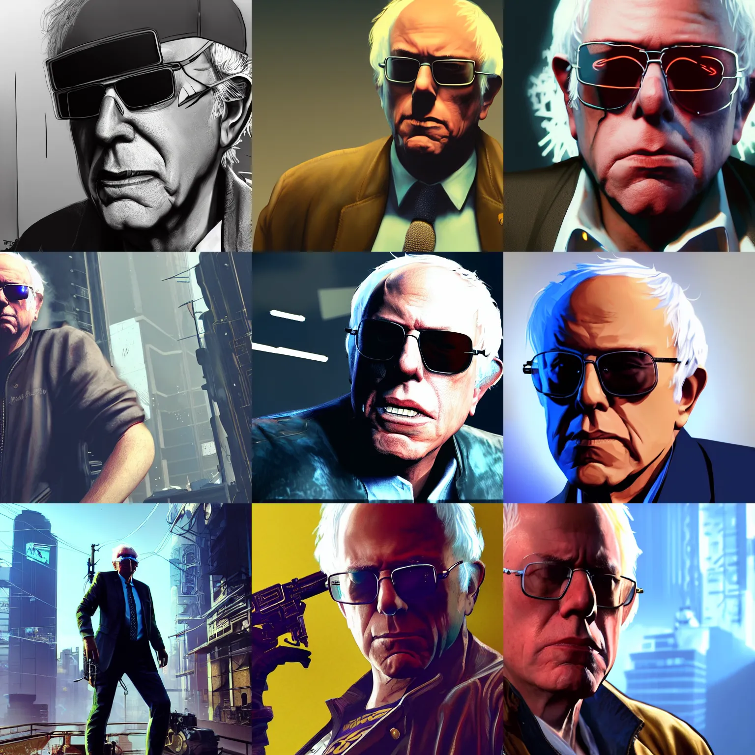 Prompt: Bernie Sanders, wearing shades, as a character from Cyberpunk 2077, looking at camera, intricate, sci-fi, extremely detailed, cartoon, artstation