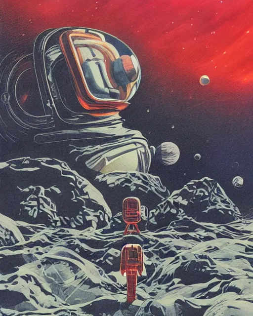 Image similar to dark retro illustration 1 9 6 7 science fiction, doomed astronaut on saturn's moon, gouache and ink, art sussman, mohrbacher, retro futurism