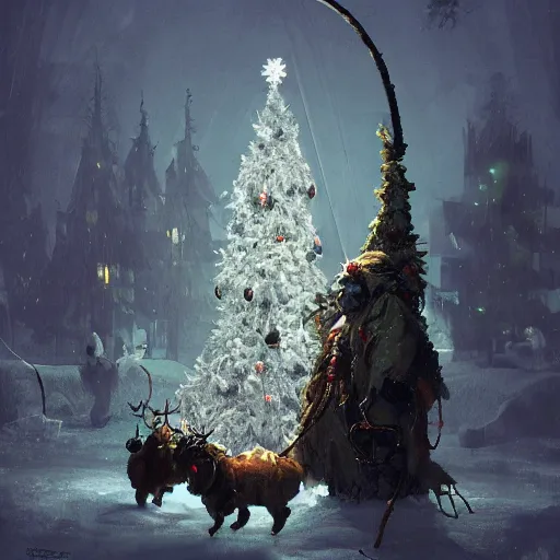 Image similar to a lonely christmas tree surrounded by krampus like monsters, nighttime, dark, surroundings are illuminated by the christmas tree, eerie, in the style of craig mullins