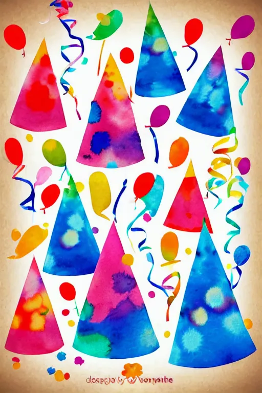 Image similar to minimalist watercolor art of birthday party hats on white background, illustration, vector art