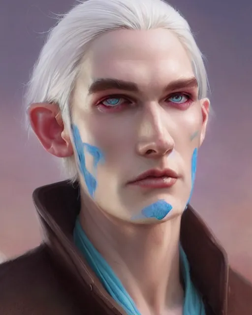 Prompt: character portrait of a slender young half elven man with white hair, piercing turquoise blue eyes, and pale blue skin, by greg rutkowski, mark brookes, jim burns, tom bagshaw, trending on artstation