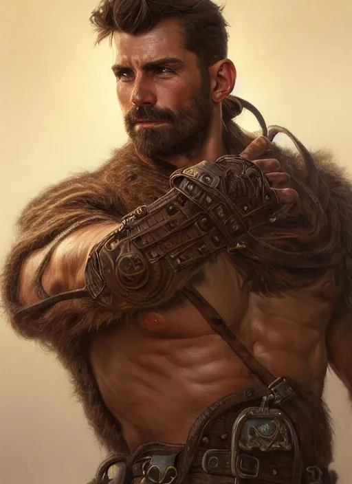 Image similar to portrait of a ruggedly handsome ranger, hands details, muscular, half body, leather, hairy, d & d, fantasy, intricate, elegant, highly detailed, digital painting, artstation, concept art, smooth, sharp focus, illustration, art by artgerm and greg rutkowski and alphonse mucha