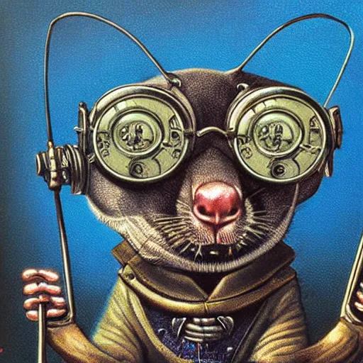 Image similar to a rat with steampunk googles, by David A. Hardy