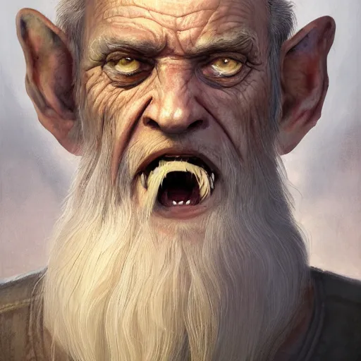 Image similar to a detailed matte head - on portrait painting of a sweet ugly old hobbit man, with a large scar and missing teeth portrait by charlie bowater, lise deharme, wlop, tending on arstation, dungeons and dragon, dnd, pathfinder, fanart, oil on canvas