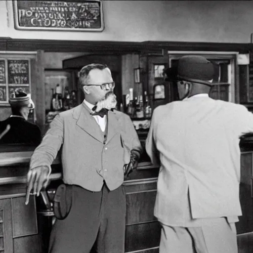 Image similar to cinematic shot of teddy roosevelt and urkel in the bar, yelling at each other