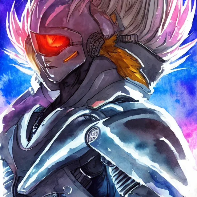 Prompt: a watercolor painting full body character portrait of a cyborg super saiyan knight with a broken halo floating over their head in the style of cyberpunk in the style of moebius trending on artstation deviantart pinterest detailed realistic hd 8 k high resolution