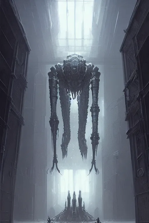 Image similar to professional concept art of a symmetrical! ominous floating mechanical steel terrifying giant monster thing in a dark room by artgerm and greg rutkowski. an intricate, elegant, highly detailed digital painting, concept art, smooth, sharp centred focus, illustration, in the style of cam sykes, wayne barlowe, igor kieryluk.