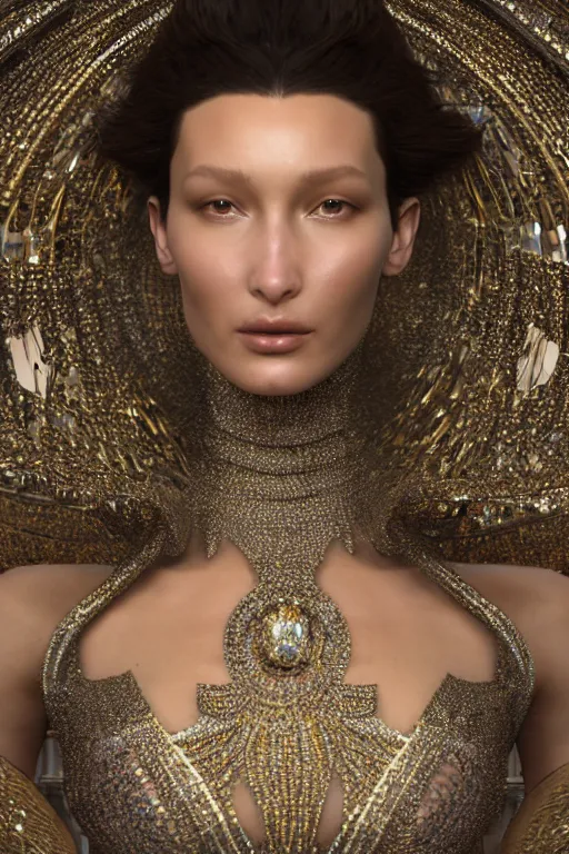 Image similar to a highly detailed metahuman 4 k render close up of a divine alien goddess bella hadid in iris van herpen dress schiaparelli in diamonds swarovski and jewelry in style of alphonse mucha trending on artstation made in unreal engine 4