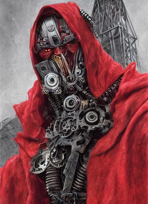 Prompt: portrait of rotten Nicolas Cage as adeptus mechanicus in red hood and robe from Warhammer 40000. Highly detailed, artstation, illustration by and John Blanche and zdislav beksinski and wayne barlowe