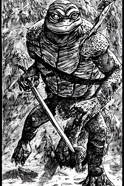 Image similar to leonardo the ninja turtle as a d & d monster, pen - and - ink illustration, etching, by russ nicholson, david a trampier, larry elmore, 1 9 8 1, hq scan, intricate details, high contrast