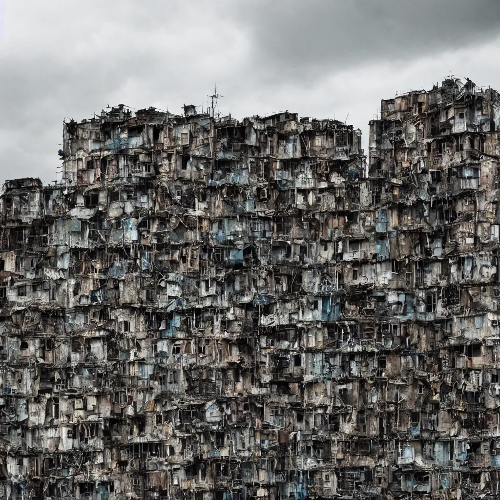 Prompt: many high towers, made up of makeshift squatter shacks with faded colours, dystopia, hasselblad x 1 d, moody sky at the back, fully frontal view, very detailed, ultra sharp, photographed by araki