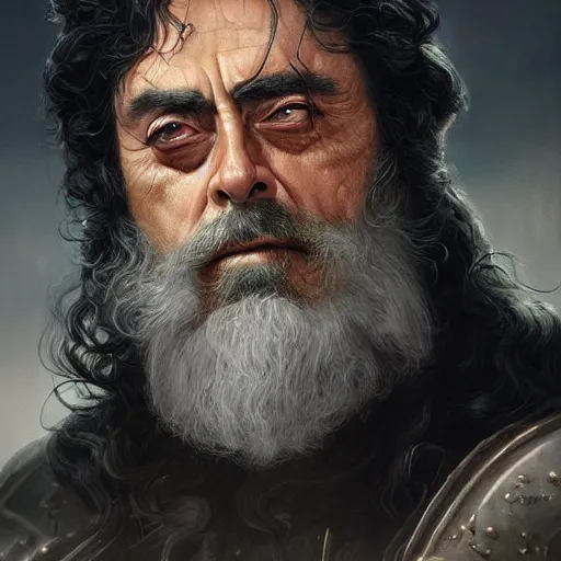 Prompt: emperor of the underworld, ian mcshane, curly black beard, d & d, fantasy, portrait, highly detailed, digital painting, trending on artstation, concept art, sharp focus, illustration, art by artgerm and greg rutkowski and magali villeneuve