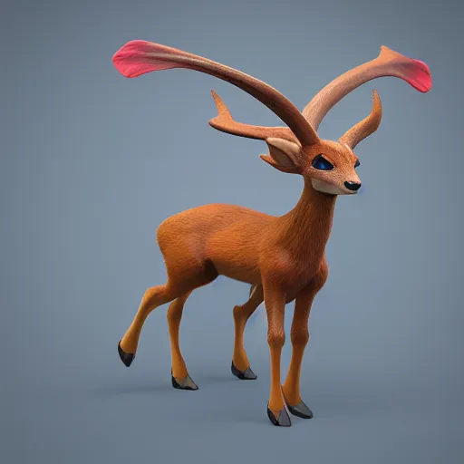 Image similar to a air type pokemon resembling a deer, deer air pokemon, skin reflexion zbrushcentral matcap :: by beeple by Raffaello Sanzi and Chao Teng Zhao :: centered,pixar and dreamwork artstation, smooth, sharp focus, octane render, 3d rim light